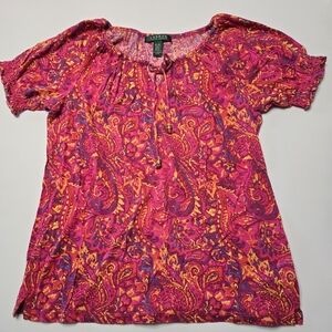 LAUREN Ralph Lauren Fuchsia Pink & Orange Paisley Short Sleeve Peasant Top Med